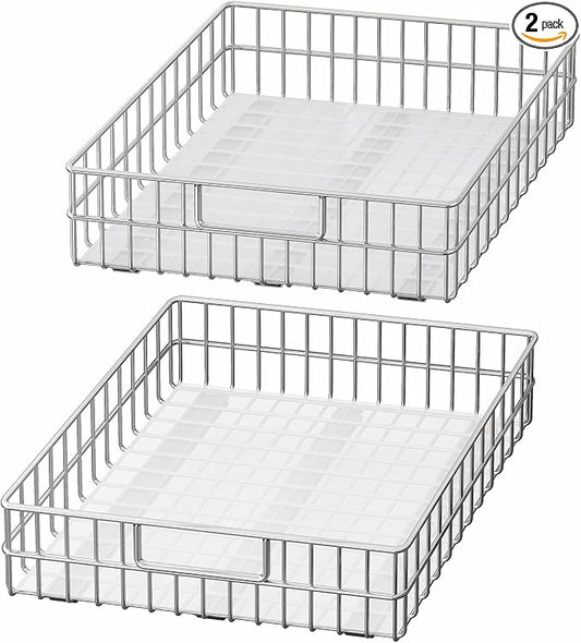 Pull out Cabinet Organizer, Stainless Steel 2-Pack (20.1"W x 21"D) Full-Extension Slide out Drawer, Adhesive Roll out Can Spice Storage Basket Shelf Rack for Pantry, Kitchen, Bathroom, Home Closet