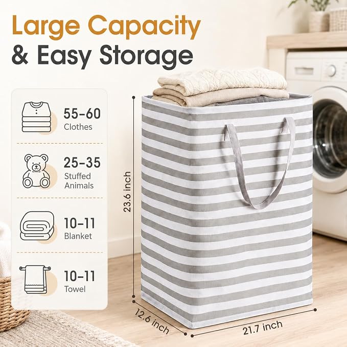 BOOMIBOO 2-Pack Large Laundry Basket,Waterproof Freestanding Laundry Hamper,Collapsible Clothes Basket with Easy Carry Handles in Laundry Room Bathroom Bedroom Dorm,Grey,100L