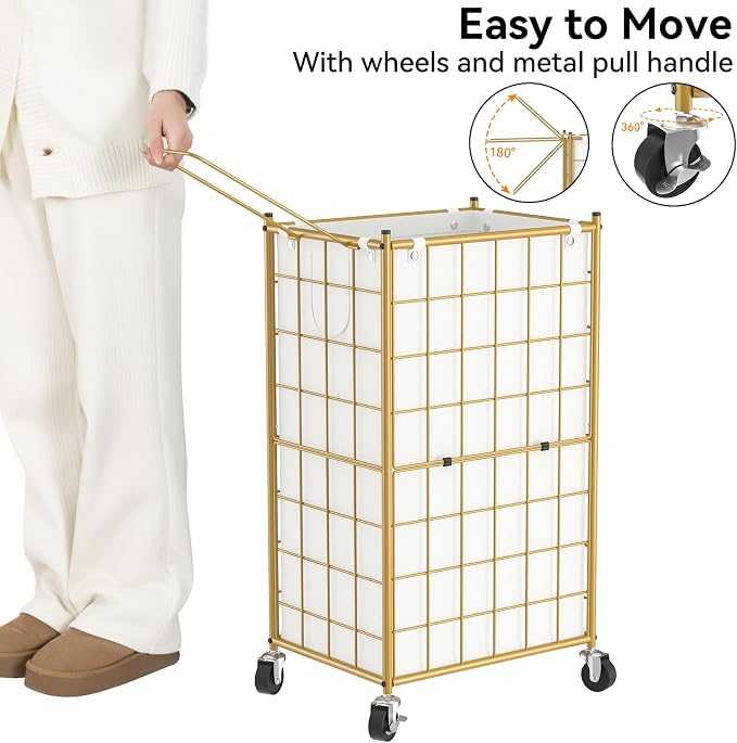 WOWLIVE Rolling Laundry Basket, Metal Wire Frame Laundry Hamper with Wheels | Gold Hamper with Removable Bag, 100L Dirty Clothes Hamper Organizer Dorm Room Storage for Bedroom, Bathroom, Golden