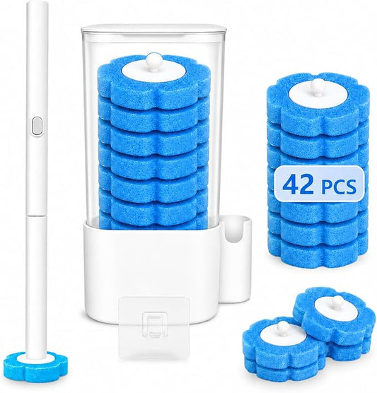 Disposable Toilet Brush with 42 Blue Refills, Toilet Bowl Cleaner Brush with Holder, Wall Mounted Toilet Wand Kit, Deep Cleaning Disposable Scrub Brush Heads