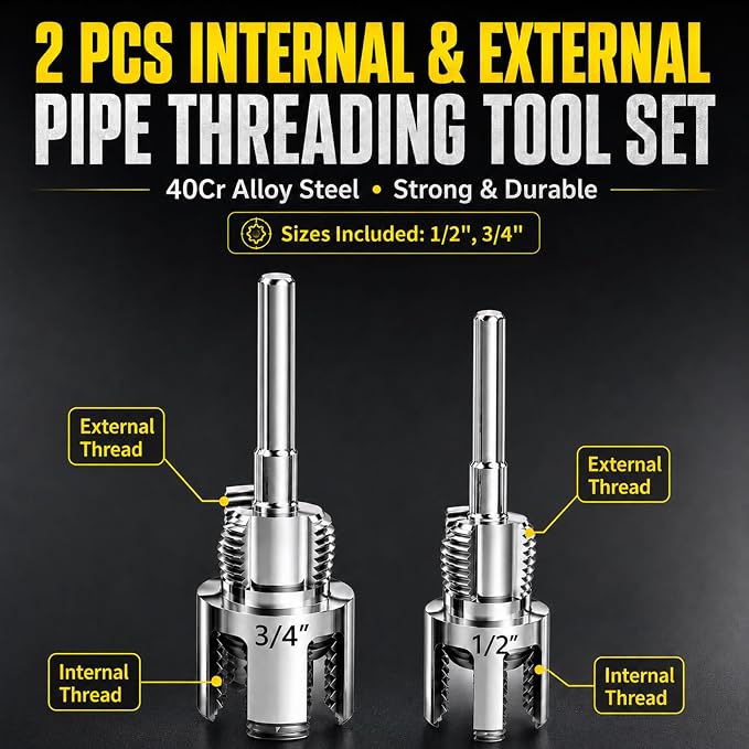 Internal & External Pipe Threading Tool(1/2'' 3/4'' Dies), 2025 New Function Pipe Thread Cutting Tool, Electric Drill Compatible PVC & Plastic Pipe Threader Kit for Home Repair (1/2"+ 3/4")