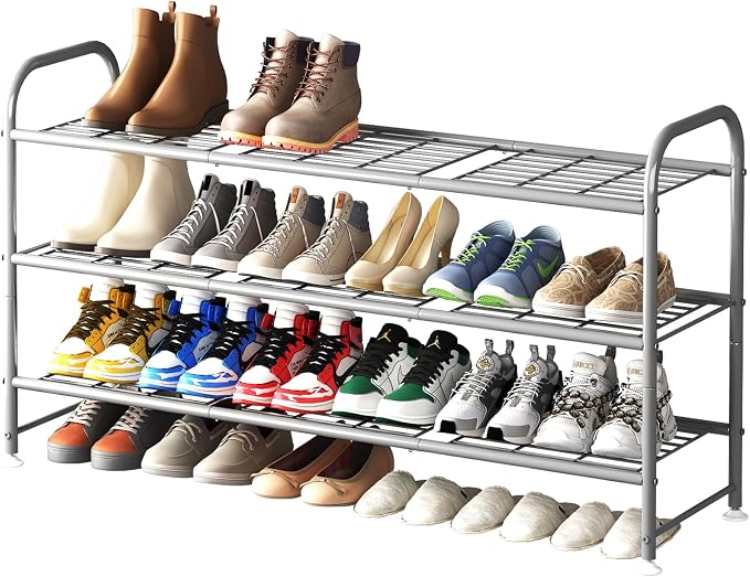 LINZINAR 3 Tier Long Shoe Rack for Closet Metal Shoe Organizer for Entryway | Spacious design stores 20+ pairs of shoes,durable metal frame,space-saving organizer for closet, hallway, and Entryway Grey