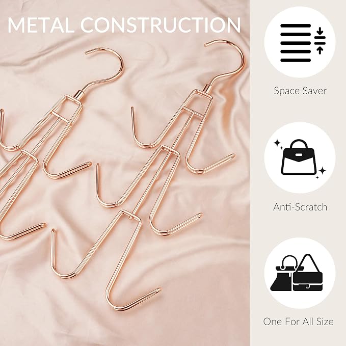 ZEDODIER 2 Pack Purse Organizer for Closet, Heavy-Duty Hanging Purse Hanger Closet Holds Up to 12 Purses, Metal Rotating Space Saving Bag Holder Handbag Storage Hook Backpack Rack, Rose Gold