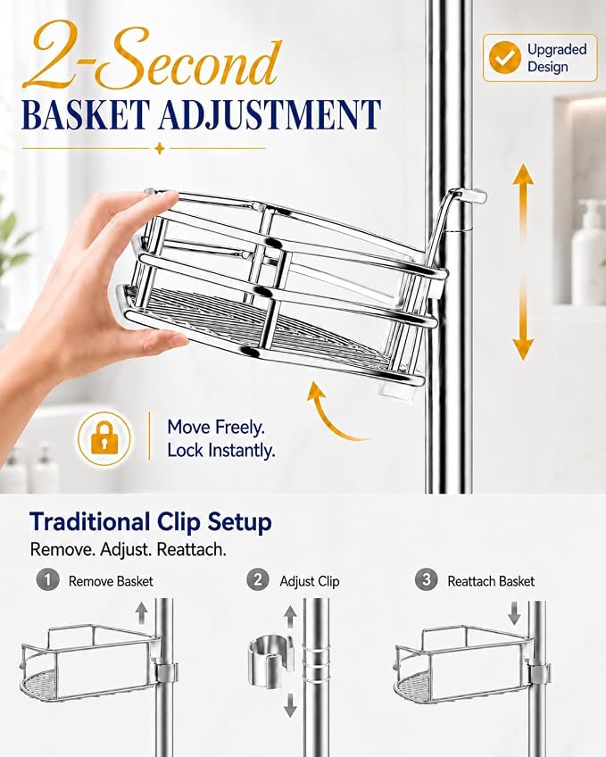 SEIRIONE Corner Shower Caddy Tension Pole, Quick Setup, Rust-Free Bathroom Shower Organizer Corner for Bathtub Shampoo Storage, 4-Tier Adjustable Shelf, Drill Free, Fits 34 to 116 Inch Height, Chrome