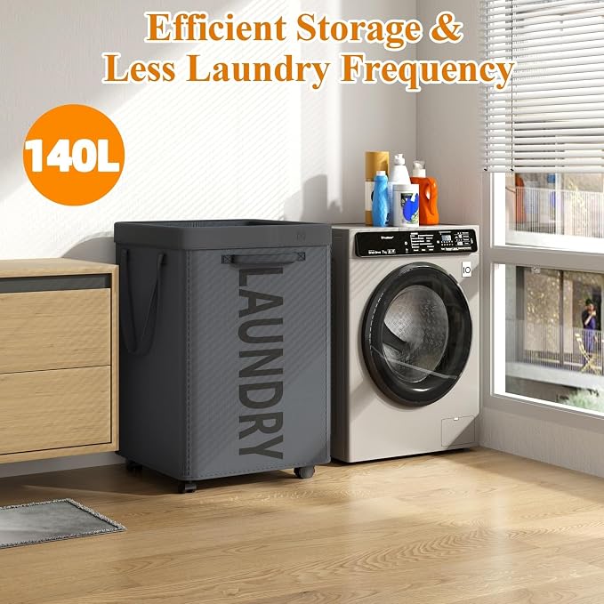 Optish 140L Laundry Hamper with Wheels, Rolling Laundry Basket with Removable Mesh Bag, Extra Large Clothes Hamper on Wheel for Bedroom, Bathroom, Dorm Room Essentials, Grey