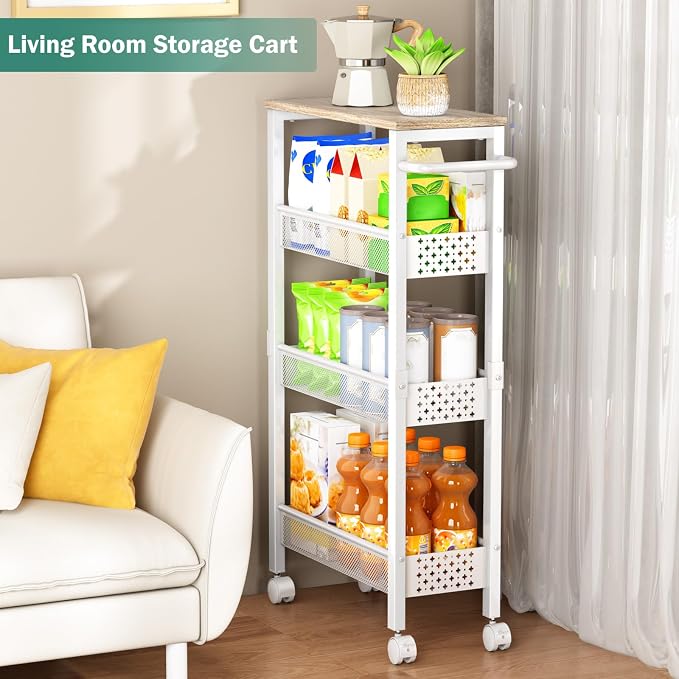 Vivihomety 4-Tier Slim Utility Rolling Laundry Cart with Wheels, Metal | Narrow 7.1" wide, Lockable wheels, wood top panel, metal frame, with handle, for laundry, bathroom, kitchen, white