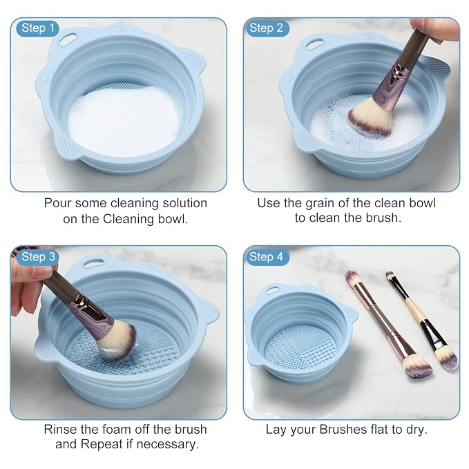 Foldable Silicone Makeup Brush Cleaner Bowl | Portable Cleaning Tool For Brushes, Powder Puffs, Sponges (Blue)