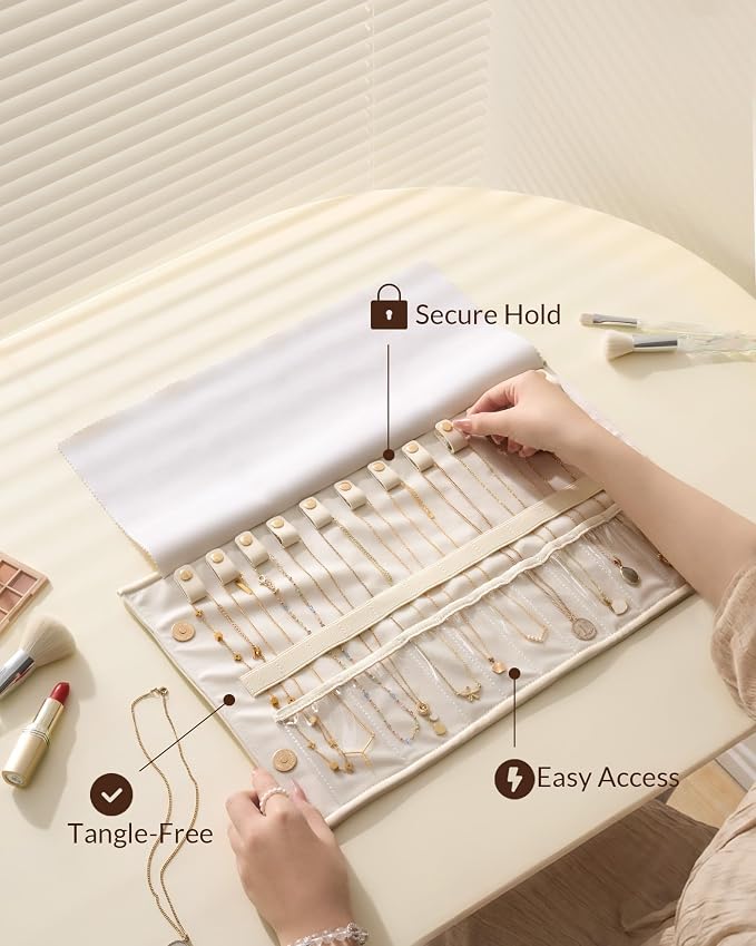 Lolalet Travel Necklace Organizer, Foldable Jewelry Case, Beige, 12 Slots | Tangle-Free, Roll Up, PU Outer, Velvet Lining, Space-Saving, for Chains Bracelets, Gift for Women Girls Daughters Friends