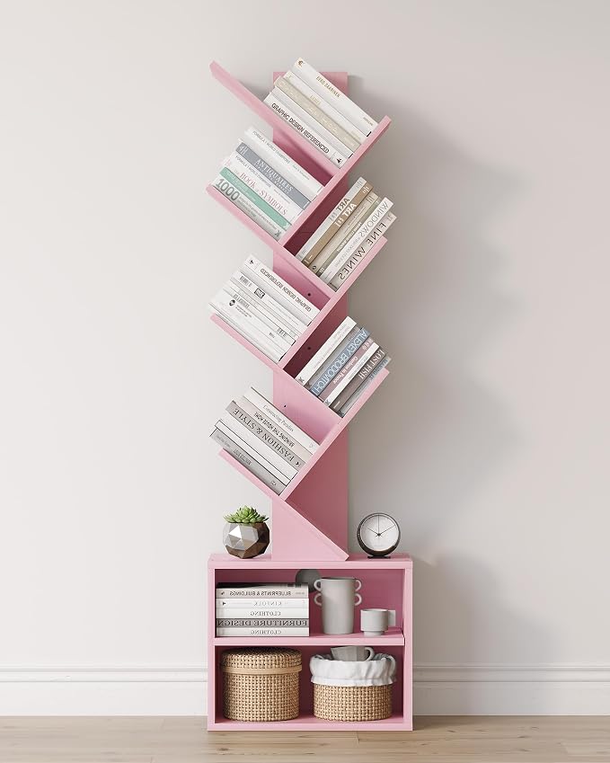SUNMORY 6 Tier Tree Bookshelf, Small Bookcase with Storage Cabinet, Modern Tall Narrow Bookshelves Organizer, Floor Standing Book Shelf for Bedroom/Living Room/Home Office/Corner, Pink