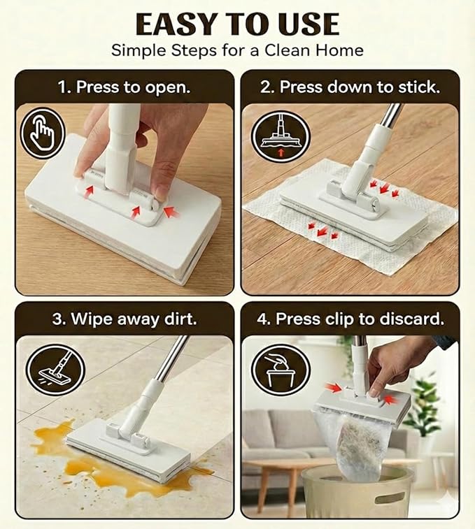 Snap Grip Mini Mop, Hands-Free Cloth Changing with 360° Rotating Head, Zero-Touch Portable Wall Mop for Floor, Tile and Mirror, Universal Pad Compatibility for Any Cloth+ Magic Cleaning Cloth*10