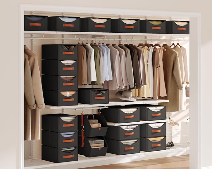 Homsorout Stackable Storage Drawers - Collapsible Storage Bins with Drawers, 4 Pack Closet Shelf Organizer Basket, Fabric Pull Out Organizer for Bedroom, Living Room, Dorm, Black