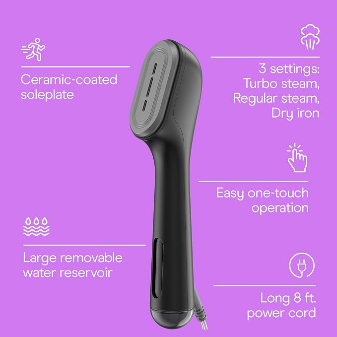 Conair Clothes Steamer, 2-in-1 Travel Steamer/Iron, Anti-Drip, Black/Silver | Portable handheld garment steamer for clothes w/ iron, quickly removes wrinkles, dual voltage 120-240V & heats in 75 seconds
