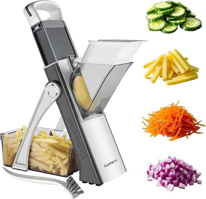 SupMaKin Upgrade Safe Mandoline Slicer, Multi Vegetable Chopper, Potato Slicer, Vegetables Slicer Onion Chopper Fry Cutter, Kitchen Chopping Artifact (GrayWhite)