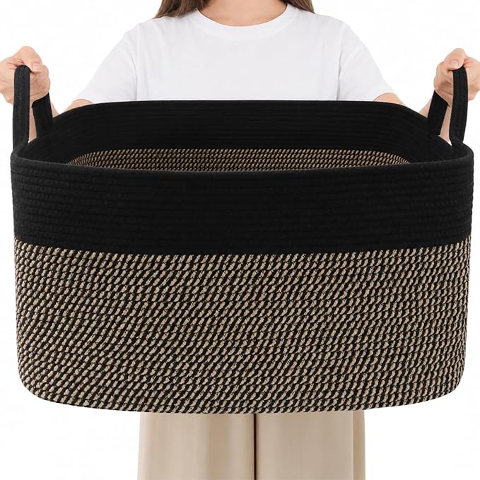 65L Laundry Basket with Handles, Woven Blanket Basket, Black/Jute | 21"×16"×12" Collapsible Cotton Rope Storage Basket for Toys Clothes & Pillows, Nursery, Bathroom, Bedroom, Living Room