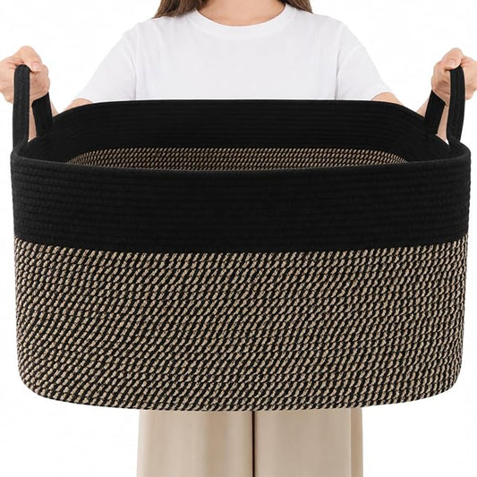 65L Laundry Basket with Handles, Woven Blanket Basket, Black/Jute | 21"×16"×12" Collapsible Cotton Rope Storage Basket for Toys Clothes & Pillows, Nursery, Bathroom, Bedroom, Living Room