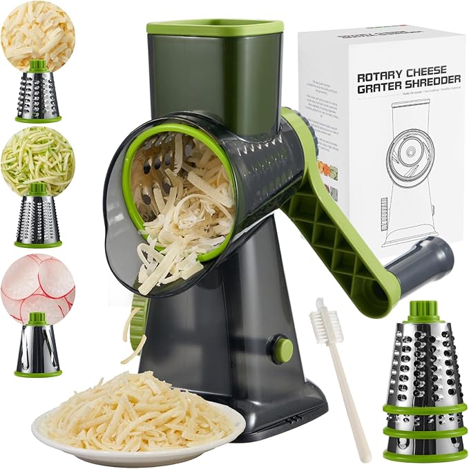 Rotary Cheese Grater hand crank 3 blades with Stronger Suction Base | Stainless Steel Blades for Fruits, Vegetables, Nuts. Dishwasher Safe & Easy to Clean, Transparent Black & Green