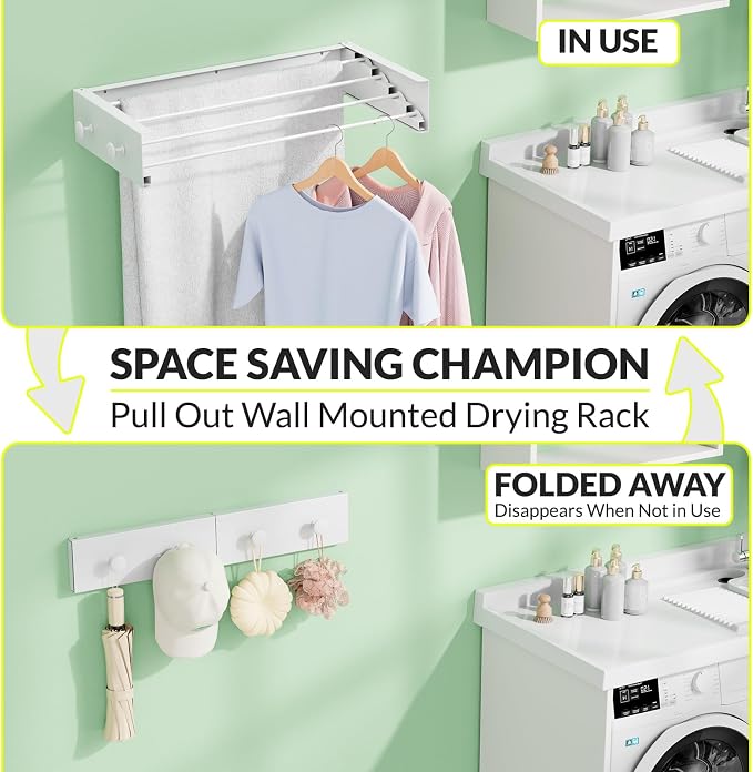 Foldable Wall Mounted Drying Rack, Stainless Steel Expandable Clothes Drying Rack with 6 Knobs, Heavy Duty Laundry Drying Rack for Apartment, Laundry Room, Balcony, 4 Thickened Rods