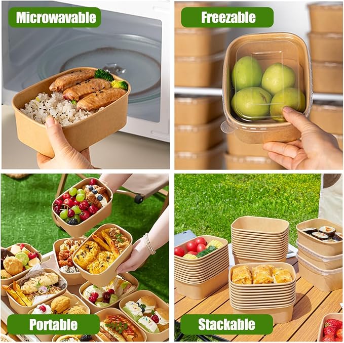 50 Pack 25Oz Disposable Meal Prep Containers With Lids and Forks-Disposable Kraft Paper Bowls-to go food containers-Microwavable and Freezer Safe Take Out Containers for Hot/Cold Food Prep and Salad