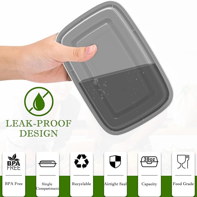 RANLITTLE Meal Prep Containers 50 Pack 38oz Reusable, Leakproof Food Storage Containers with Lids, BPA-Free Plastic To Go Take Out Bento Box Stackable Microwave & Freezer Safe