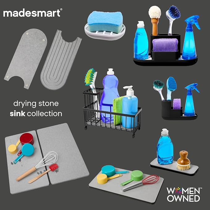 madesmart Drying Stone Sink Caddy Organizer for Kitchen Sink, Sponge Holder with Diatomite Water Absorbing Tray, Detachable Brush Holder & Rust Resistant Metal Frame, Black