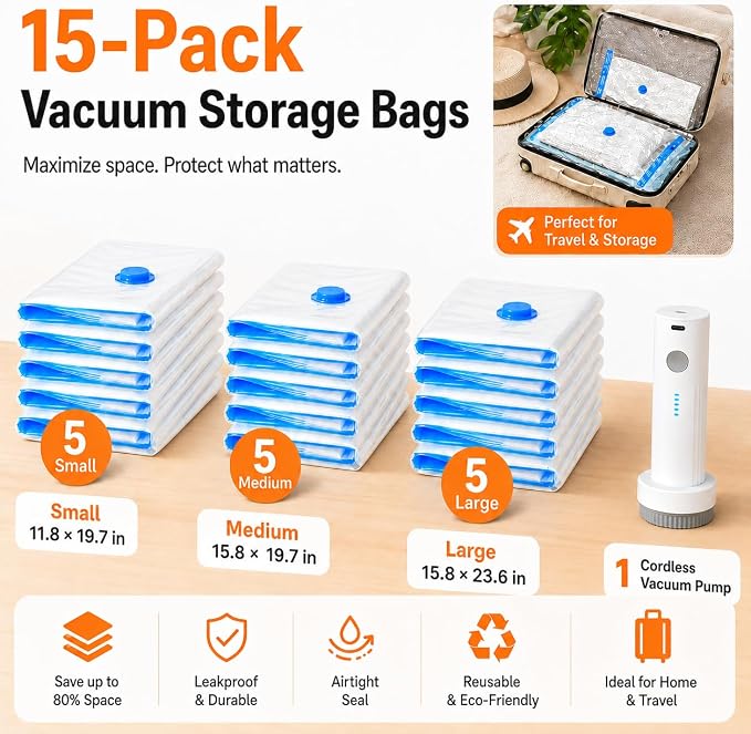 15 Pack Travel Vacuum Bags with Portable Electric Pump, Carry On Vacuum Seal Bags for Luggage and Suitcase, Space Saver Storage for Clothing and Travel Organization