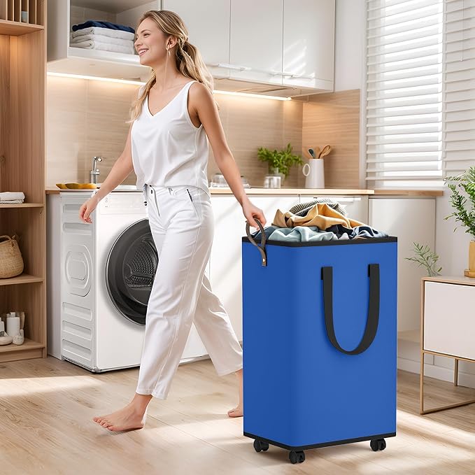 SpaceTrove Rolling Laundry Basket with Wheels, Laundry Hamper, 80L, Blue | Collapsible, 4 detachable wheels including 2 with brakes, sturdy handle, metal frame, for dorms, bathrooms and bedrooms