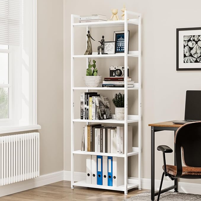 NUMENN Bookshelf, 6 Tier Freestanding Shelving Unit, White | Metal Frame & Wood Shelves, Falling Prevention Baffle, Open Storage Bookcase for Bedroom, Living Room & Home Office