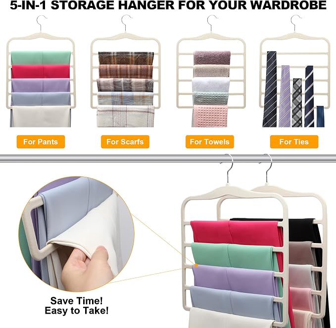 Closet Organizers and Storage, 5 Pack Velvet Pants-Hangers-Space-Saving | Non Silp 5 Tier Clothes-Hanger for College-Dorm-Room-Essentials, Closet-Storager for Jeans Scarf Hanger, Home Organization