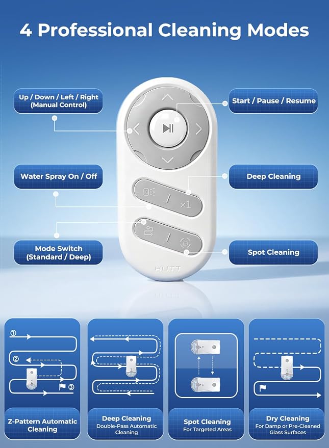 HUTT Window Cleaning Robot, 6500Pa Strong Suction Robot Window Cleaner with World-First Round-Square Dual-Stage Cleaning, Ultrasonic Dual Spray, Edge Cleaning & Corner Coverag, 30Min Backup Protection