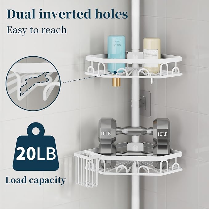 Consumest Shower Caddy Tension Pole - 4 Tier Corner Shower Shelves with Brush & Soap Holder, 304 Stainless Steel Rustproof Adjustable Organizer Rack for Bathtub, Bathroom, 27.6-108.3 Inch, White