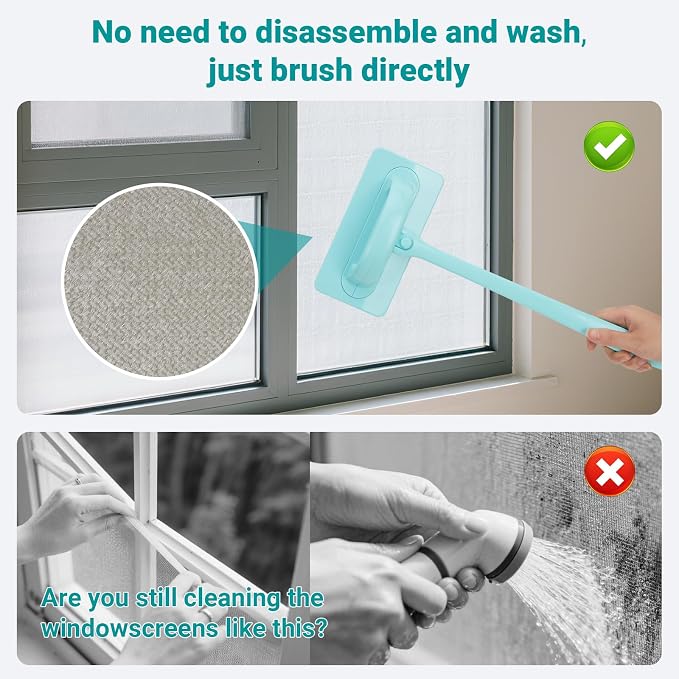 Window Screen Cleaner, Mesh Screen Cleaning Brush Kit with Track Brush | Complete kit: 7.1" bristle brush for screens, 3 groove brushes for tracks, 6 reusable pads, 14.8" handle. Wet/dry dual-use