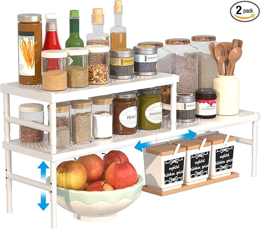 2 Pack Expandable adjustable stackable kitchen organizer,Spice Racks,Counter Shelf for Cabinets,Small Cupboard Organizers,Heavy Duty Metal Pantry Storage Shelves Racks for kitchen,cabinet, bathroom