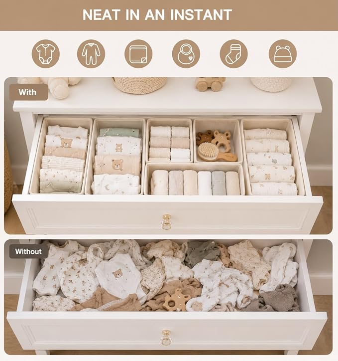 6 Pack Baby Clothes Organizer, Dresser Drawer Organizer for Baby Clothes, Foldable Fabric Closet Drawer Storage Bins, Dresser Dividers for Bras, Socks, Ties & Scarves