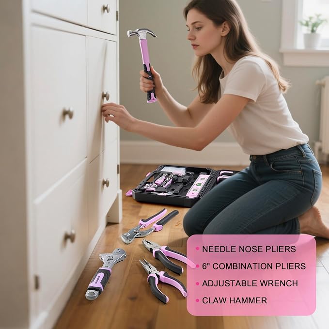 Enventor Tool Set with Fitted Storage Case, 146 Pieces, Pink | Chrome-plated Steel Tools, Non-slip Rubber Handles, for Home Repairs, DIY Projects and Appliance Maintenance