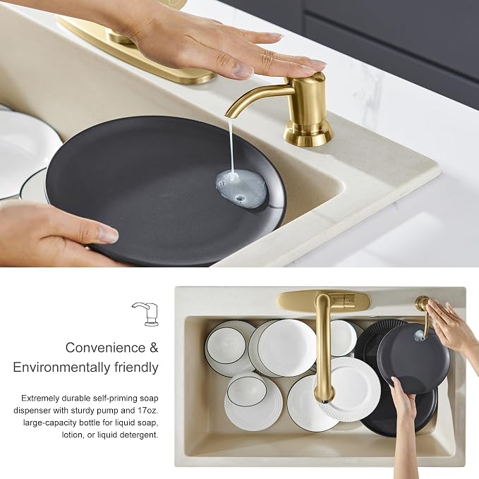 Built in Sink Soap Dispenser or Lotion Dispenser for Kitchen Sink, Brushed Gold ABS Pump Head, with 17 Ounce Large PET Soap Bottle