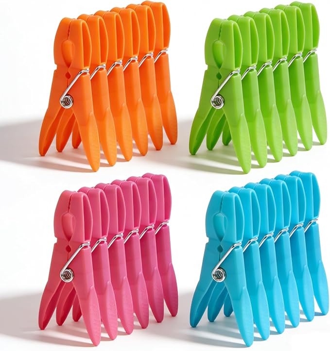 24Pack Colorful Plastic Clothespins Heavy Duty Laundry Clothes Pins Outdoor | Multipurpose Non-Slip Clips with Springs, Air-Drying Clothing Pin Set for Hanging Clothes, Towels, Crafts, Photos & Food Bags