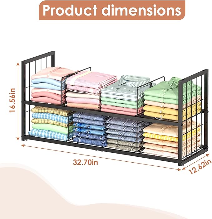 Hongtamoya 2-Pack Stackable Closet Storage Shelf with Adjustable Divide | Closet Organizer for Jeans Pant Shirt Bag Shoe Sweaters Storage, Clothing Shelving for Bedroom Wardrobe Closet System-Black