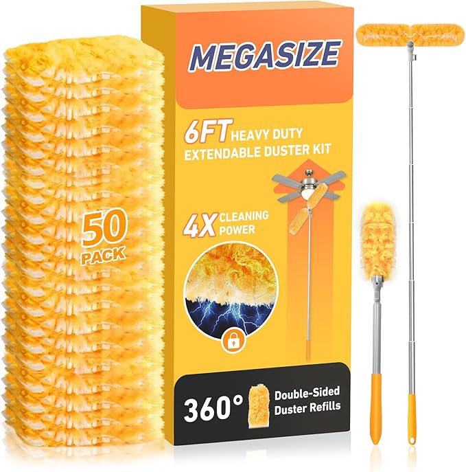 6 ft Heavy Duty Extendable Duster Handle with 50 Refills for Swiffer Duster, 360° Multi-Surface Dusters with 4X Cleaning Power for Home, Ceiling Fans, Windows, Dusting Hard-to-Reach Areas (Orange)