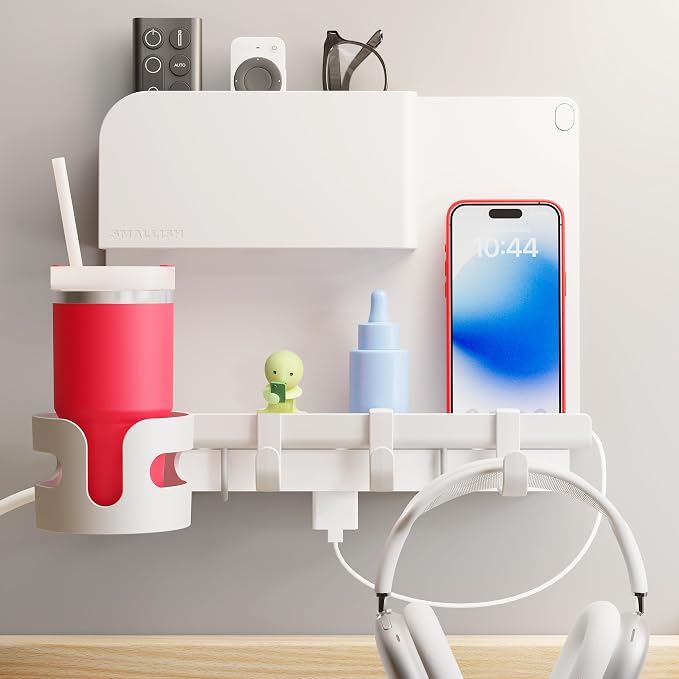 WallShelfie Bedside Wall Organizer & Dorm Decor - Dorm Room Essential, Floating Bedside Shelf Wall Mount Organizer, Remote Control Holder, Cool Teen Girls Trendy Stuff - 2.0, White