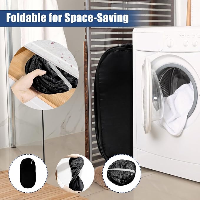 2 Pack Collapsible Laundry Baskets, Upgrade Pop Up Laundry Hamper with Convenient Bags, Foldable Laundry Basket Mesh Light Weight, Easy to Carry Clothes Hampers for Laundry, Dorm, Travel Black+Grey