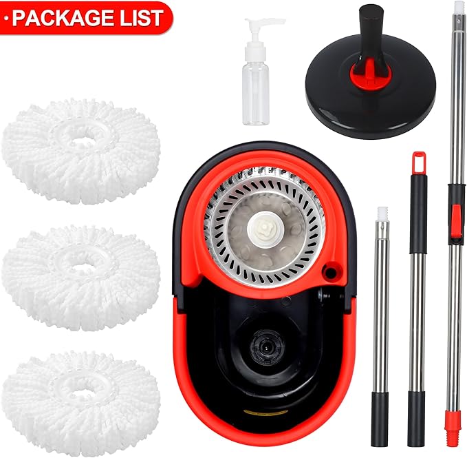Spin Mop and Bucket with Wringer Set on Wheels, 360° Spinning Mop Bucket System with 3 Microfiber Mop Replacement Heads and 61" Stainless Steel Adjustable Handle for Floor Cleaning