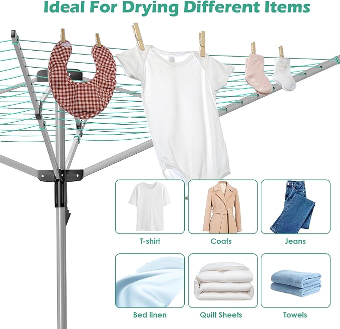 tonchean Adjustable Height Rotary 4-arm Clothesline Umbrella Drying Rack | Collapsible Clothes Drying Rack for Laundry Outdoors Dryer Collapsible Clothes Drying Rack | 12-Lines with 165ft. Clothesline