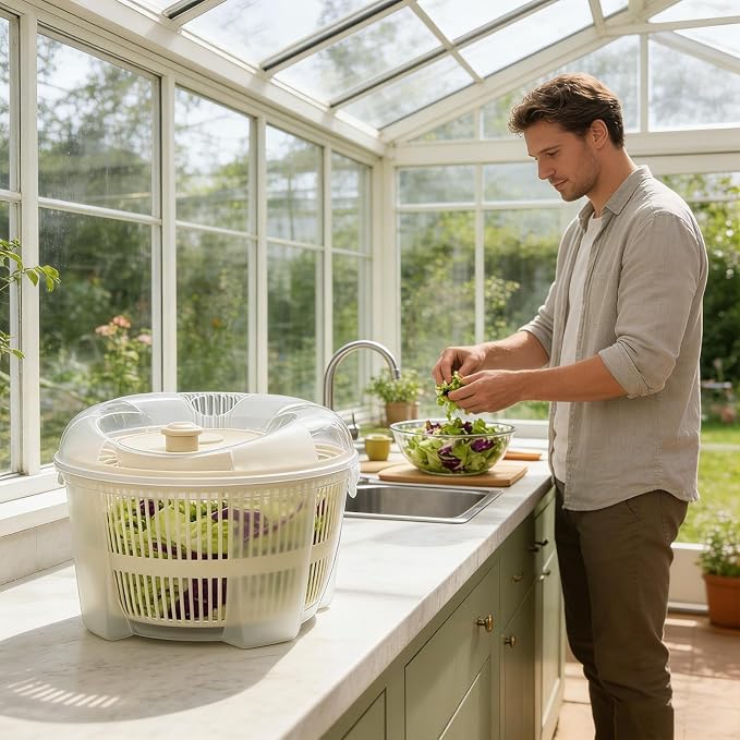 Manual Salad Spinner 4.2L - Large Lettuce Dryer | Quick Fruit Washing Bowl with Strainer & Drain | Vegetable and Berry Washer, Centrifugal Dehydrator for Fresh Crisp Clean Greens