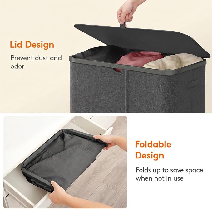 Lifewit 165L 3 Section Laundry Hamper with Lid, Large Laundry Basket with Handles and Removable Bags, Tall Clothes Hamper, Foldable Laundry Sorter for Bedroom Bathroom, Dark Gray