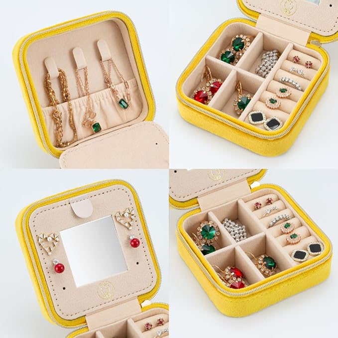ZPROW Plush Velvet Travel Jewelry Case, Organizer, Box, Small Case for Women, Earring Organizer with Mirror, Best Gifts For Daughter, Girlfriend, Mom - Yellow
