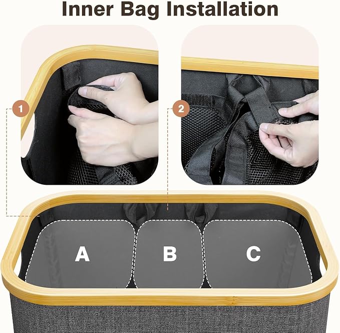Hampers for Laundry Basket with Lid, 145L Large Laundry Hamper 3 Section | Dirty Clothes Hamper Separator with 3 Removable Bags & 5 Labels, Divided Laundry Organizer for Bedroom, Laundry Room, Gray