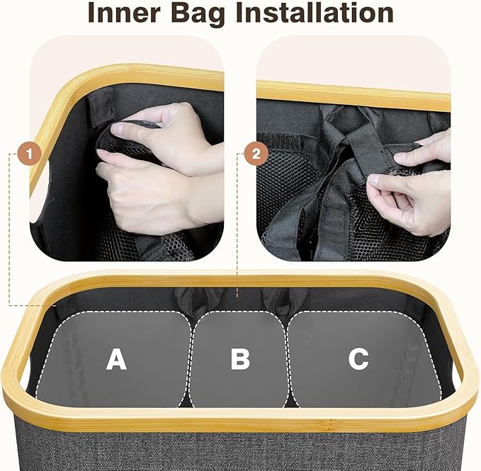 Hampers for Laundry Basket with Lid, 145L Large Laundry Hamper 3 Section | Dirty Clothes Hamper Separator with 3 Removable Bags & 5 Labels, Divided Laundry Organizer for Bedroom, Laundry Room, Black