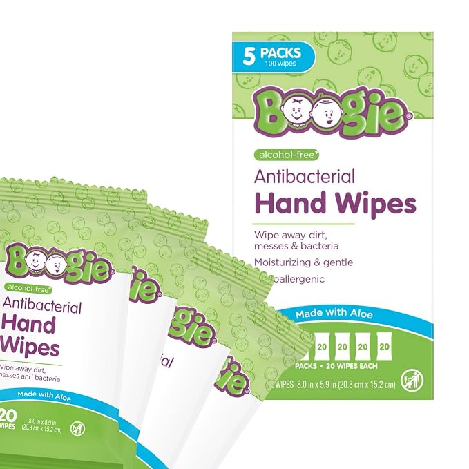 Boogie Antibacterial Hand Wipes - 100 Count - Hypoallergenic & Alcohol-Free - Travel and Diaper Bag Essential