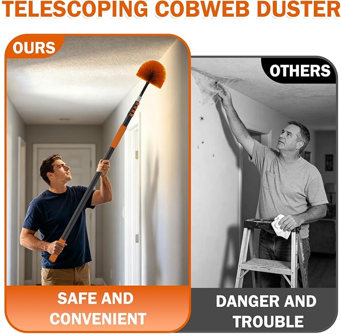 Buyplus 26FT Reach Cobweb Duster, Outdoor Spider Web Cleaner Brush with Professional 5-20FT Extension Pole, Non-Shedding Fluffy Bristles, Suitable for Ceiling and Corner Dusters for Indoor and Outdoor