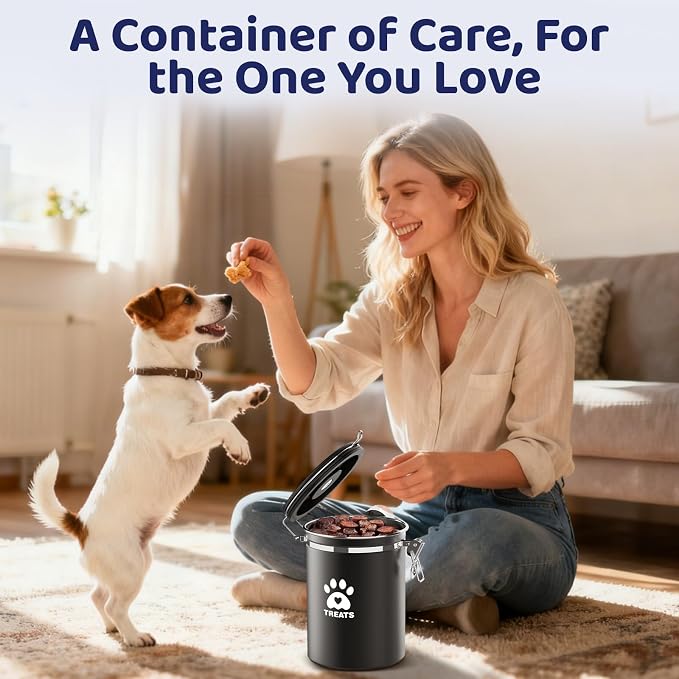 ENONCI Dog Treat Container Airtight,5.9"x4.7" Stainless Steel Cat Treat Jar for Kitchen Counter with Scoop, Pet Storage for Fresh Dog Cookie